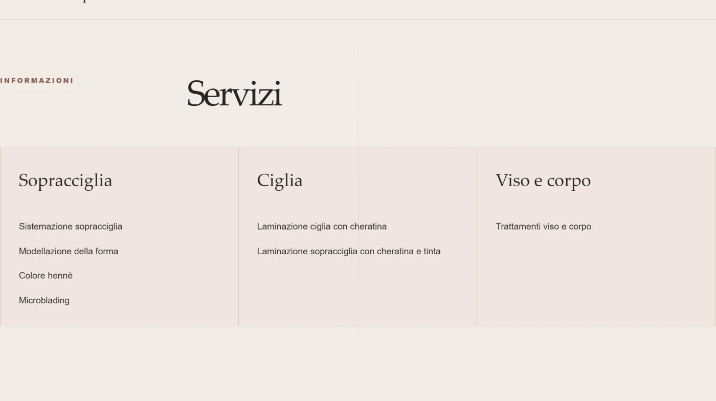 Detail of a services section: three columns of headings and items, with no prices. Demo concept, shown in Italian.