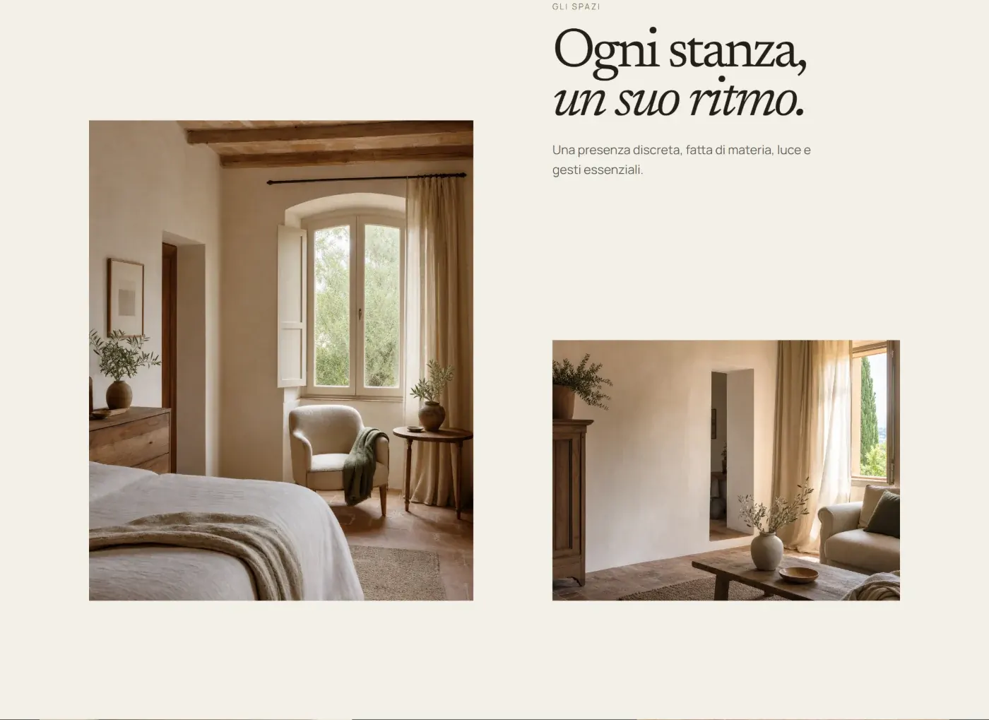 Detail of a section about spaces: two photographs of different sizes and a headline in italics. Demo concept, shown in Italian.