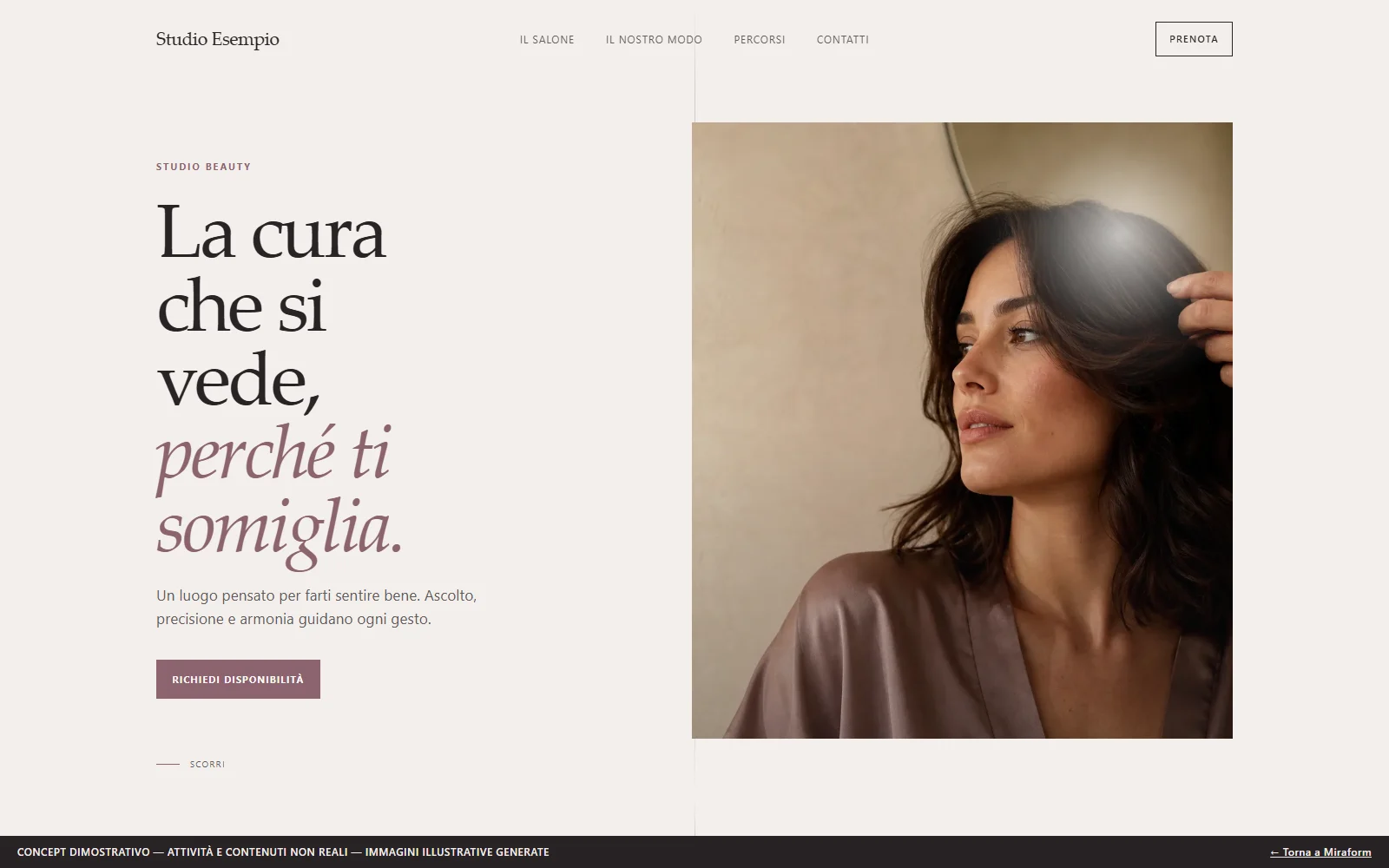 Sito per uno studio beauty: ritratto illustrativo, titolo editoriale e invito a richiedere disponibilità. Demo dimostrativa con immagini generate.
