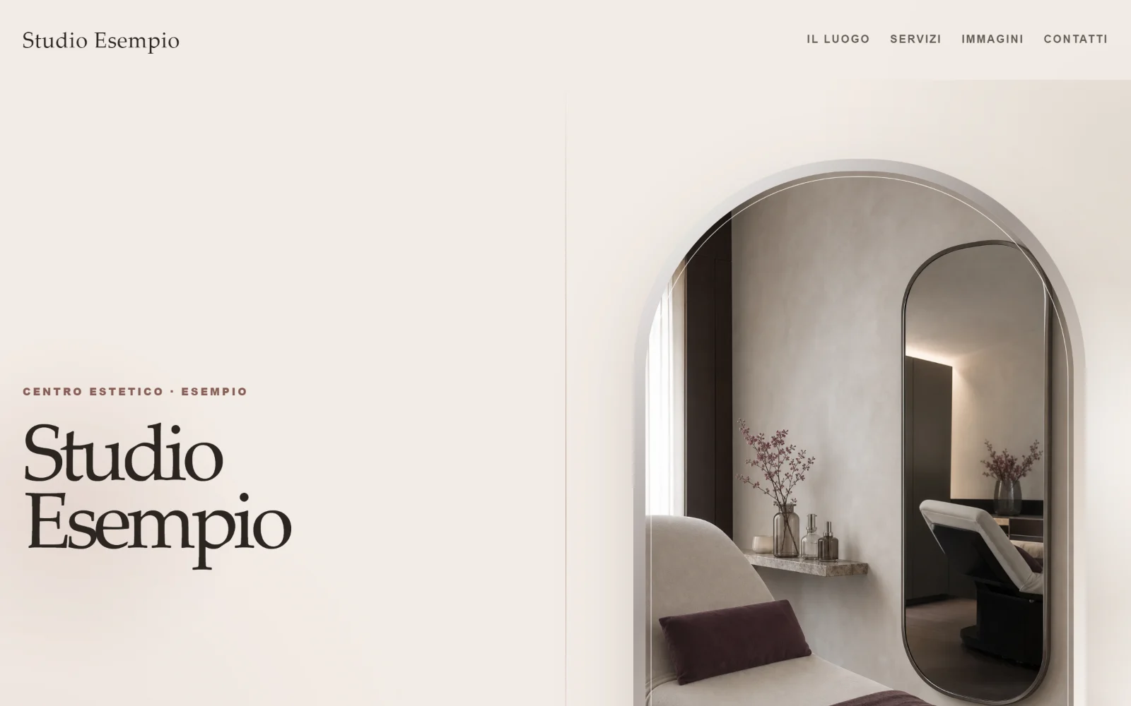 Beauty studio website: the studio name in large type, a photograph of the treatment room and two ways to get in touch. Demo concept, shown in Italian.