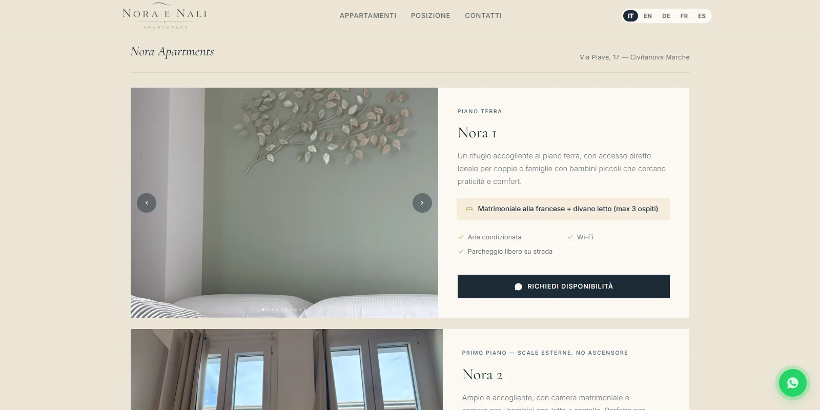 Sezione del sito di Nora e Nali Apartments: fotografia dell'appartamento affiancata da una scheda con descrizione, dettagli e invito a richiedere disponibilità.