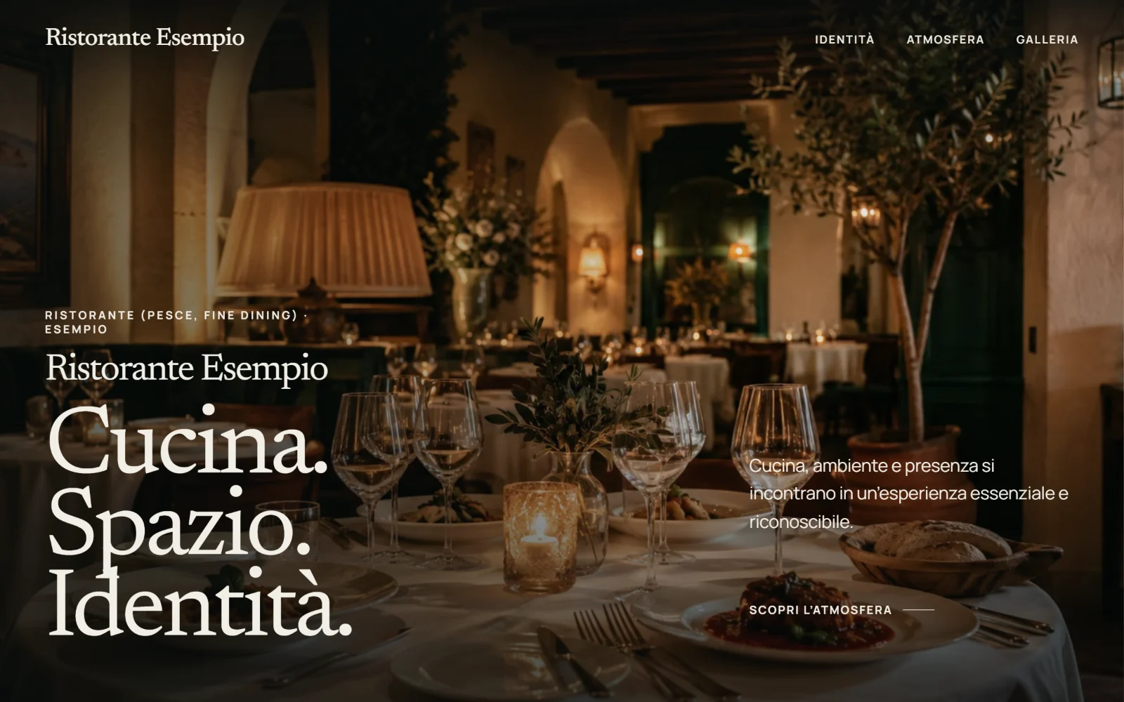 Desktop screen of a restaurant website: a full-width photograph of the dining room, the venue name and an editorial headline. Demo concept, shown in Italian.