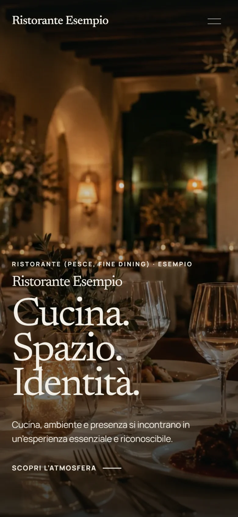 The same restaurant website seen on a phone. Demo concept, shown in Italian.