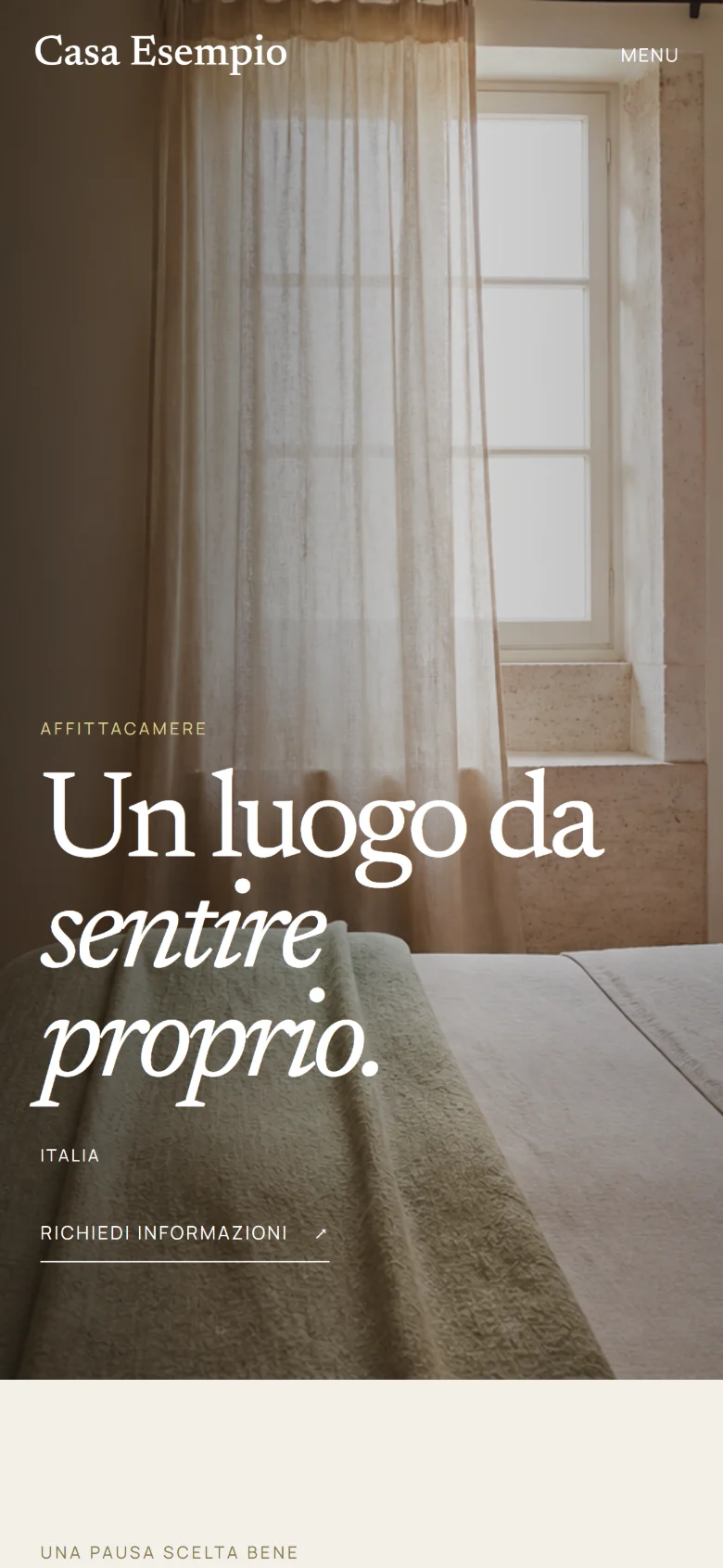 The same website for a place to stay seen on a phone. Demo concept, shown in Italian.
