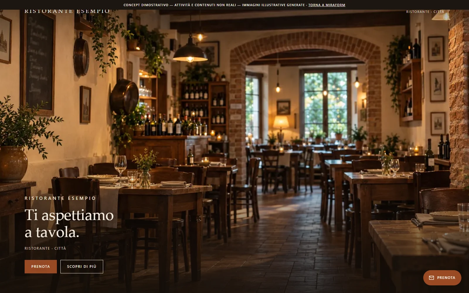 Sito per ristorante: fotografia illustrativa della sala e invito a prenotare. Demo dimostrativa con immagini generate.