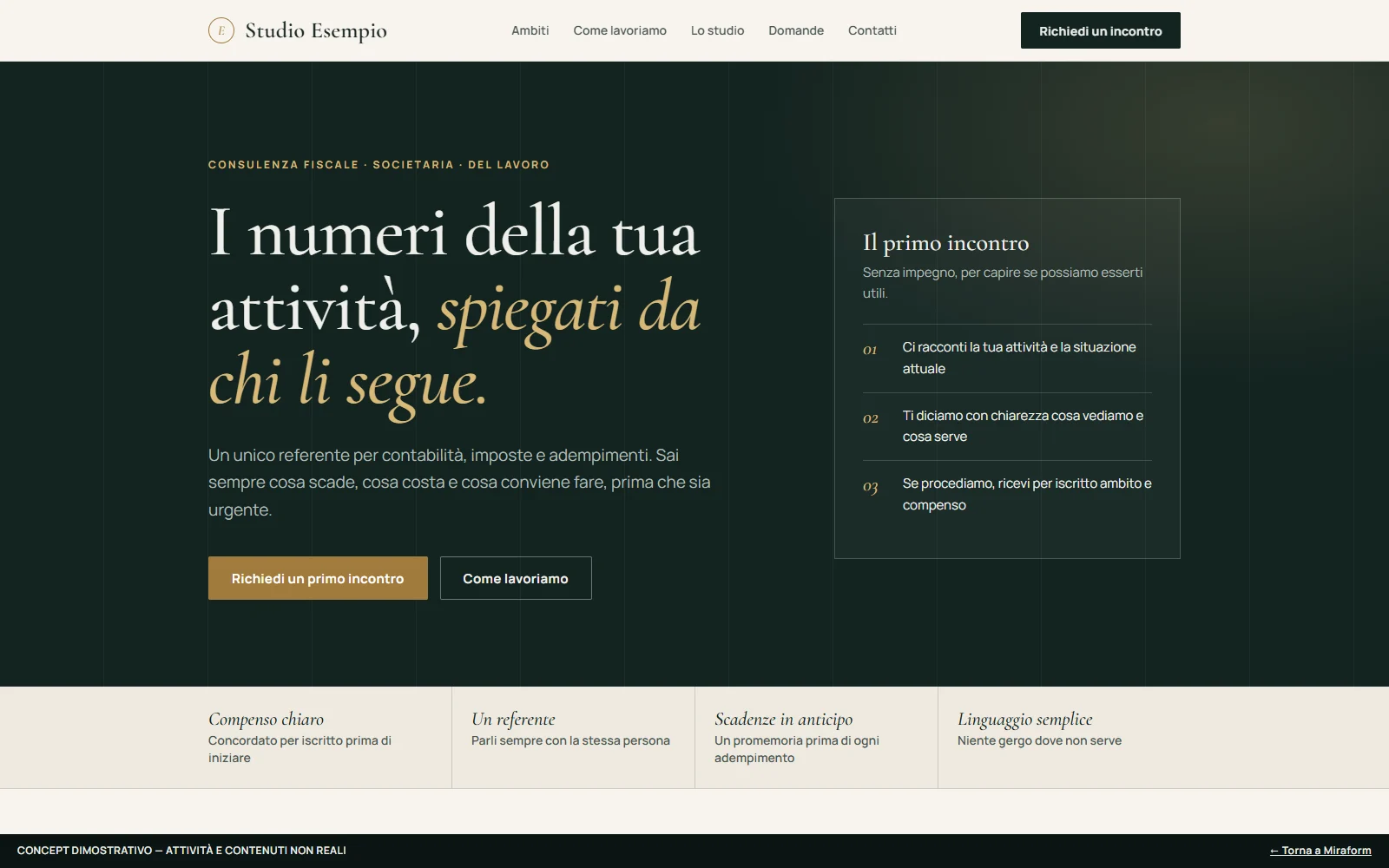 Sito per uno studio di consulenza: titolo editoriale, ambiti di lavoro e invito a richiedere un primo incontro. Demo dimostrativa.