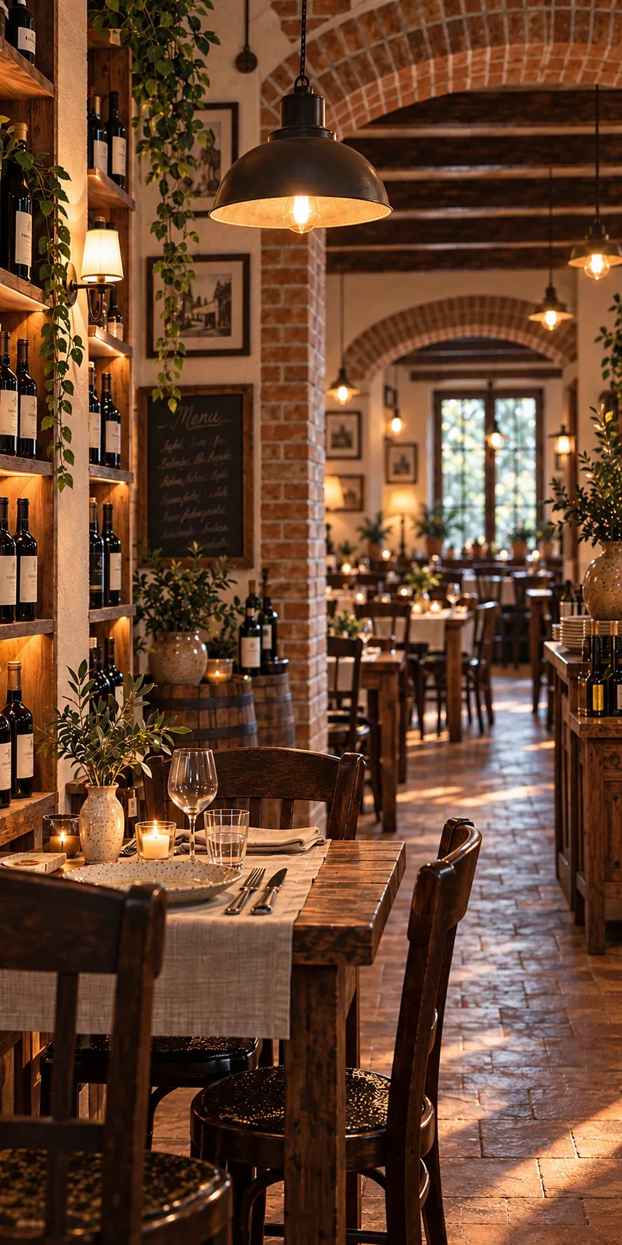 Scorcio verticale della trattoria: parete di bottiglie a tutta altezza, volta in mattone, un tavolo apparecchiato in primo piano e il cotto in fuga verso la sala illuminata.